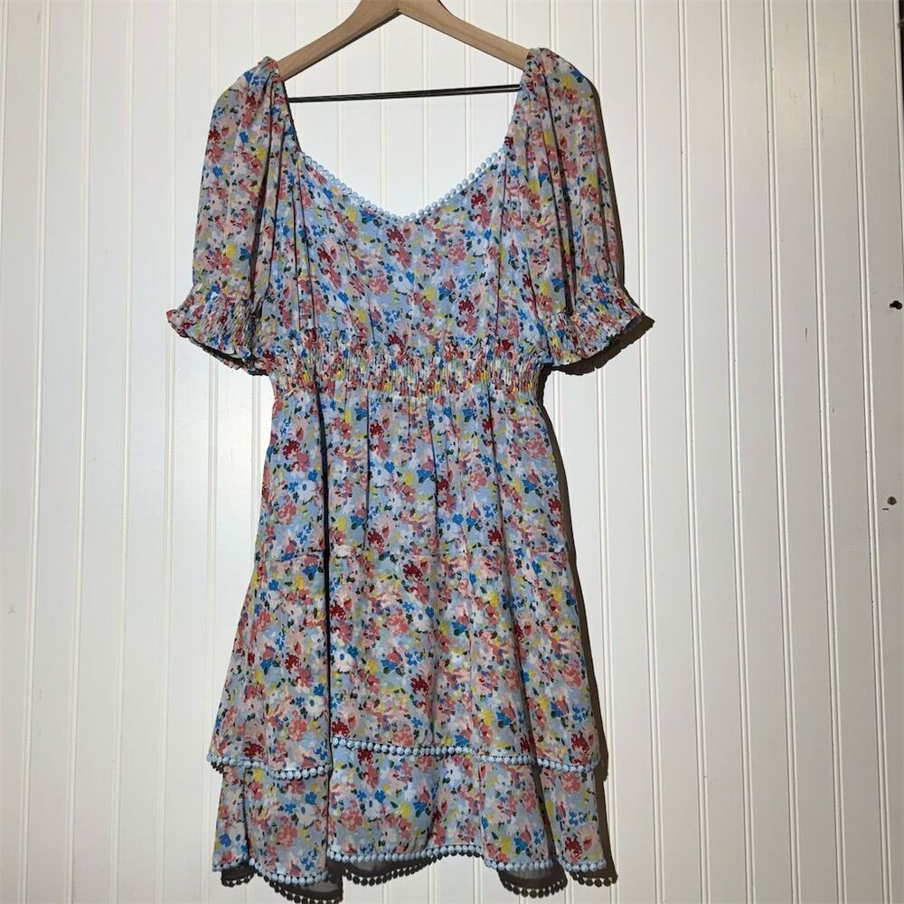 Joy Joy Cottagecore Boho Floral Dress –‎ Puff Sleeve, Tiered Ruffle, Lace Trim M